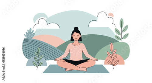 Woman practicing yoga in a serene natural setting with plants and clouds surrounding her peaceful meditation pose
