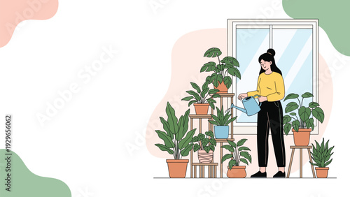 Young woman watering various indoor houseplants in a sunny room for hobby, plant care, and home gardening concept.