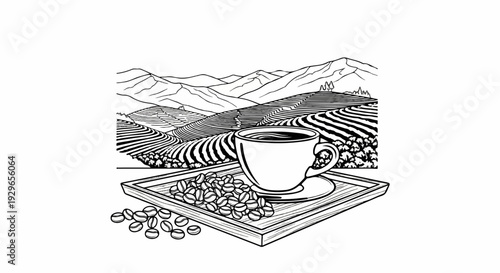 Coffee cup and beans on a tray with a background of rolling hills and fields