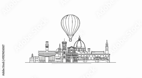 Stylized line drawing of a city skyline with a hot air balloon above