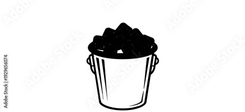A simple black and white drawing of a bucket filled with ice cubes