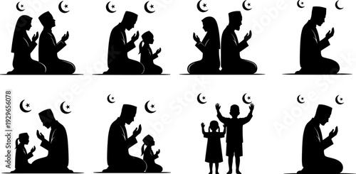 Muslim family praying silhouette, Islamic religious worship, father mother and children in prayer under crescent moon, spiritual Ramadan Kareem celebration, devotional faith,