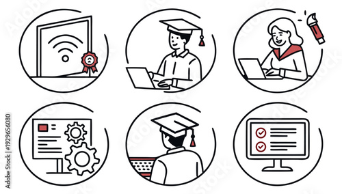 Online education icons set with graduation cap and computer screen