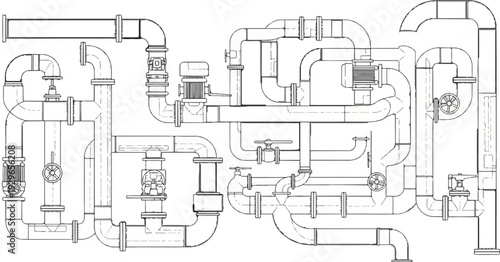 Intricate network of pipes, valves, and pumps forms a complex industrial system