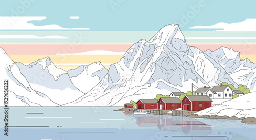 Serene winter landscape with red cabins by the snowy mountains.