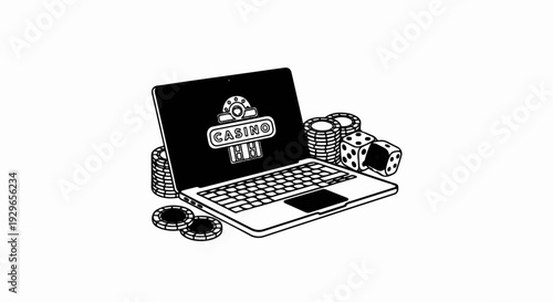 A laptop displays a casino sign next to stacks of chips and dice