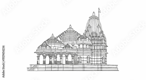 Elaborate line drawing of a multi-tiered spiritual structure with tiered roofs and a flag