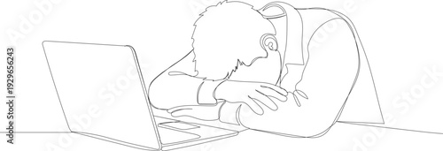 Continuous line drawing of tired man sleeping on laptop desk suffering from burnout and stress