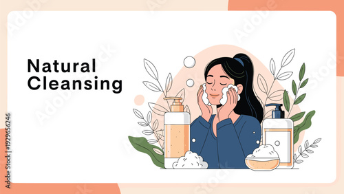 Young woman washing her face with cleansing foam and using skincare products for natural beauty and hygiene routine.