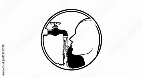 Silhouette of head drinking from faucet stream inside a circular emblem