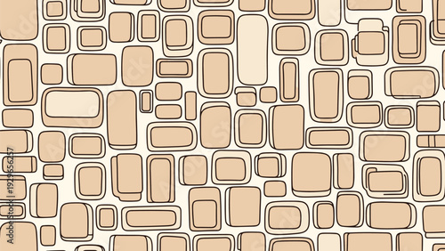 Abstract pattern of hand drawn irregular rounded squares in various sizes and earth tones on light background.