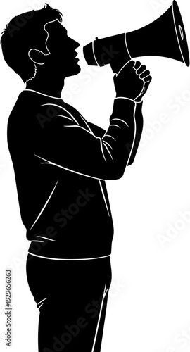 Man Shouting into Megaphone Silhouette, Professional Male Announcer or Activist Making Public Statement for Marketing Communication and Corporate Leadership Message
