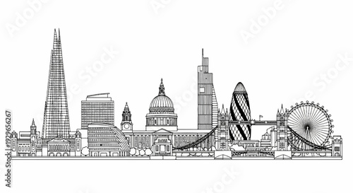 Iconic London landmarks depicted in a striking black and white line drawing