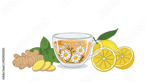 Hot cup of chamomile herbal tea with fresh lemon slices, mint leaves, and ginger root for natural health and wellness.