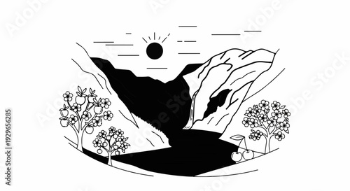 A minimalist black and white illustration depicts a tranquil landscape with a waterfall, sun, and fruit trees