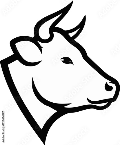 Stylized black and white illustration of a cow's head in profile