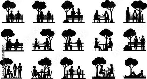 People Relaxing in Public Park Silhouette Set, Couples and Friends Sitting on Benches under Trees in Flat Vector Illustration Style