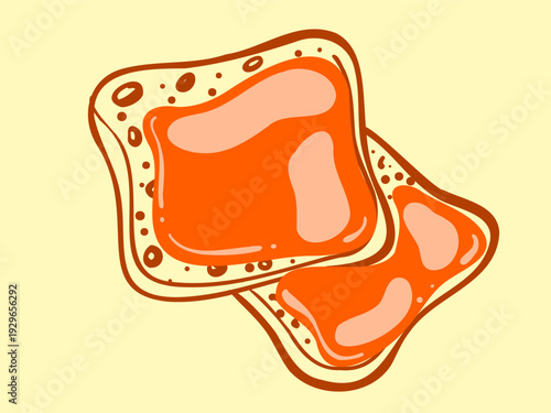 Vector illustration of bread. Sandwich with red jam or jam. Two slices of white bread. Hand-drawn Mediterranean style brown linear sketch. Linework doodles products are stickers for menus and signage.