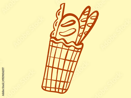 Vector illustration of bread in a paper bag.  A loaf of white bread, a baguette. Hand-drawn Mediterranean style brown linear sketch. Linework doodles products are stickers for menus and signage.