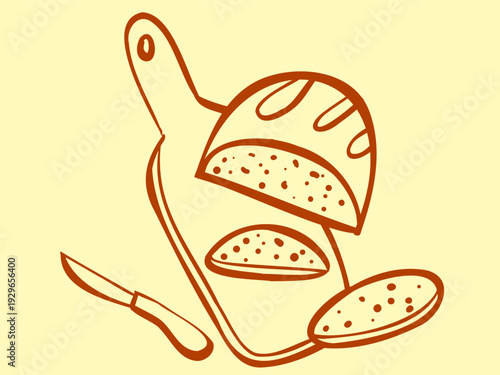 Vector illustration of bread slices for sandwiches. Rye whole grain sliced bread on a wooden board and a knife. Hand-drawn Mediterranean style brown linear food sketch. Linework doodles products are s