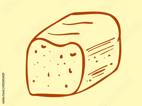 Vector illustration of bread. Rye whole grain sliced bread. Hand-drawn Mediterranean style brown linear food sketch. Linework doodles products are stickers for menus and signage.