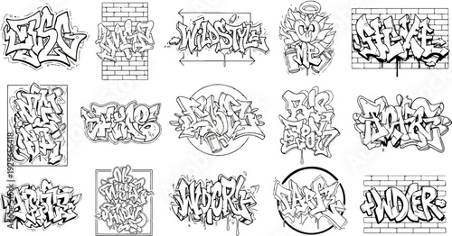 Collection of black and white graffiti art featuring stylized lettering