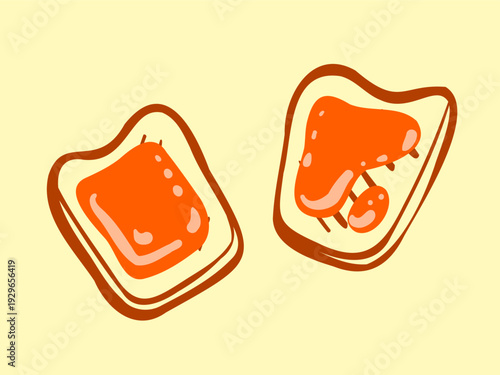 Vector illustration of bread. Sandwich with red jam or jam. Two slices of white bread. Hand-drawn Mediterranean style brown linear sketch. Linework doodles products are stickers for menus and signage.