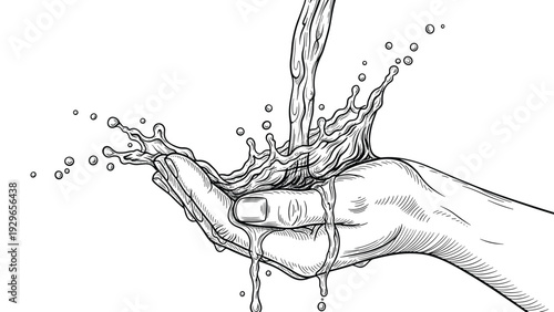 Artistic hand drawn sketch of clear water pouring and splashing into a cupped human hand on white background.