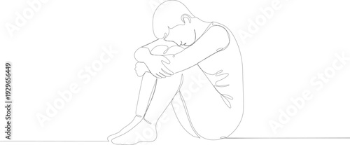 unique Continuous line drawing of a sad man sitting alone on floor for depression and mental health