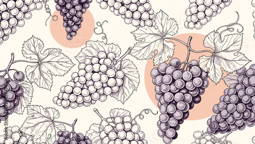 Vintage seamless pattern of hand drawn purple and white grape bunches with leaves and vines on a cream background.
