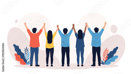 Back view of a diverse group of people standing together with raised hands for unity, community, and celebration concept.