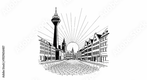 Historic street with a tall tower and sunburst