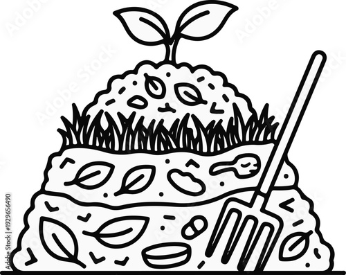 A compost pile with grass, leaves, a plant sprout, and a rake