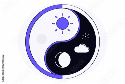 Day and night balance in yin yang symbol with sun, moon, cloud, and stars, representing time cycle for night shift concept. Vector icon