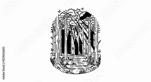 Enchanting forest scene with light rays, path, and fluttering butterflies