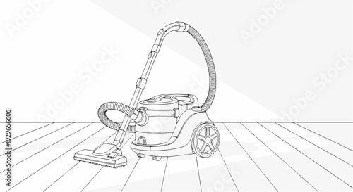 Detailed sketch of a portable cleaning appliance with a hose and attachments resting on a wooden floor
