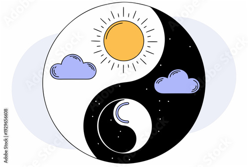 Day and night in yin yang symbol with sun, moon, and clouds illustration. Contrast of time for night shift or duality concept. Vector illustration