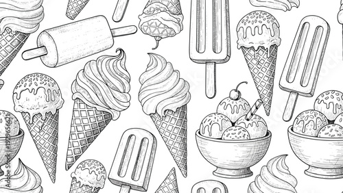 Detailed black and white engraving style seamless pattern of various ice cream treats including cones, sundaes, and popsicles.