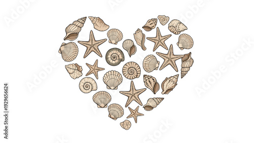 Romantic heart shape composed of detailed illustrations of seashells and starfish in soft beige tones on a clean white background.
