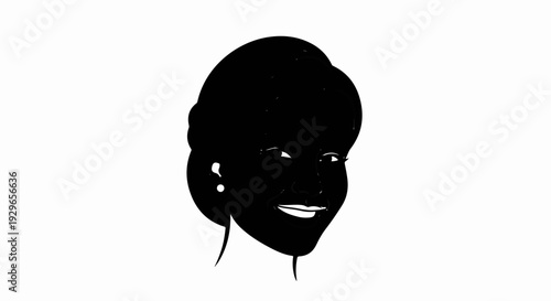 A black and white illustration of a smiling person's face with hair in an updo