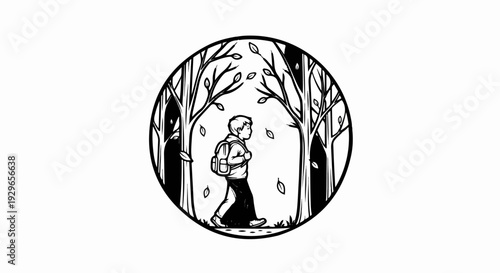 A child with a backpack walks through a forest with falling leaves