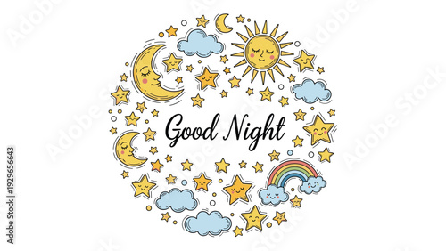 Whimsical circular arrangement of smiling sun, moon, stars, and clouds around a Good Night message on a plain white background.