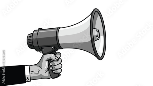 Realistic grayscale illustration of a hand in a formal suit sleeve holding up a classic megaphone for public announcements.