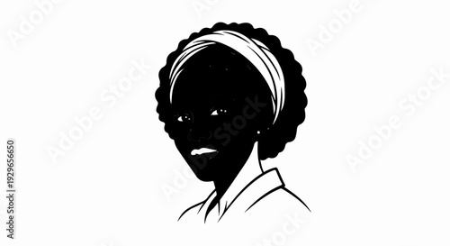 Stylized black and white portrait of a young woman with curly hair and a headband