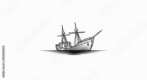 Stylized, monochromatic drawing of an old sailing ship on choppy waters