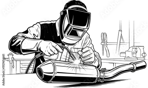 A welder, wearing protective gear, works on exhaust pipe in a workshop