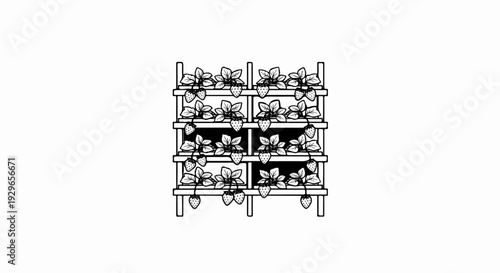 A tiered vertical garden displaying lush green strawberry plants with ripening fruit