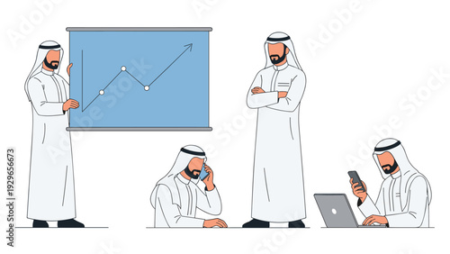 Group of professional Arab businessmen in traditional thobe dress engaged in various office activities like presentations and laptop work.