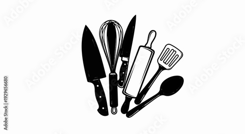 Collection of hand-drawn kitchen utensils, including knives, whisk, rolling pin, spatula, and spoon
