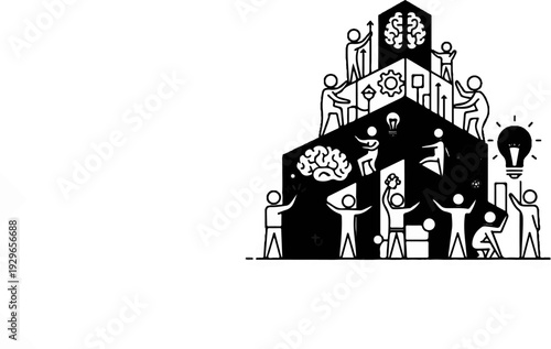 Figures construct a structure representing ideas, growth, and collaboration